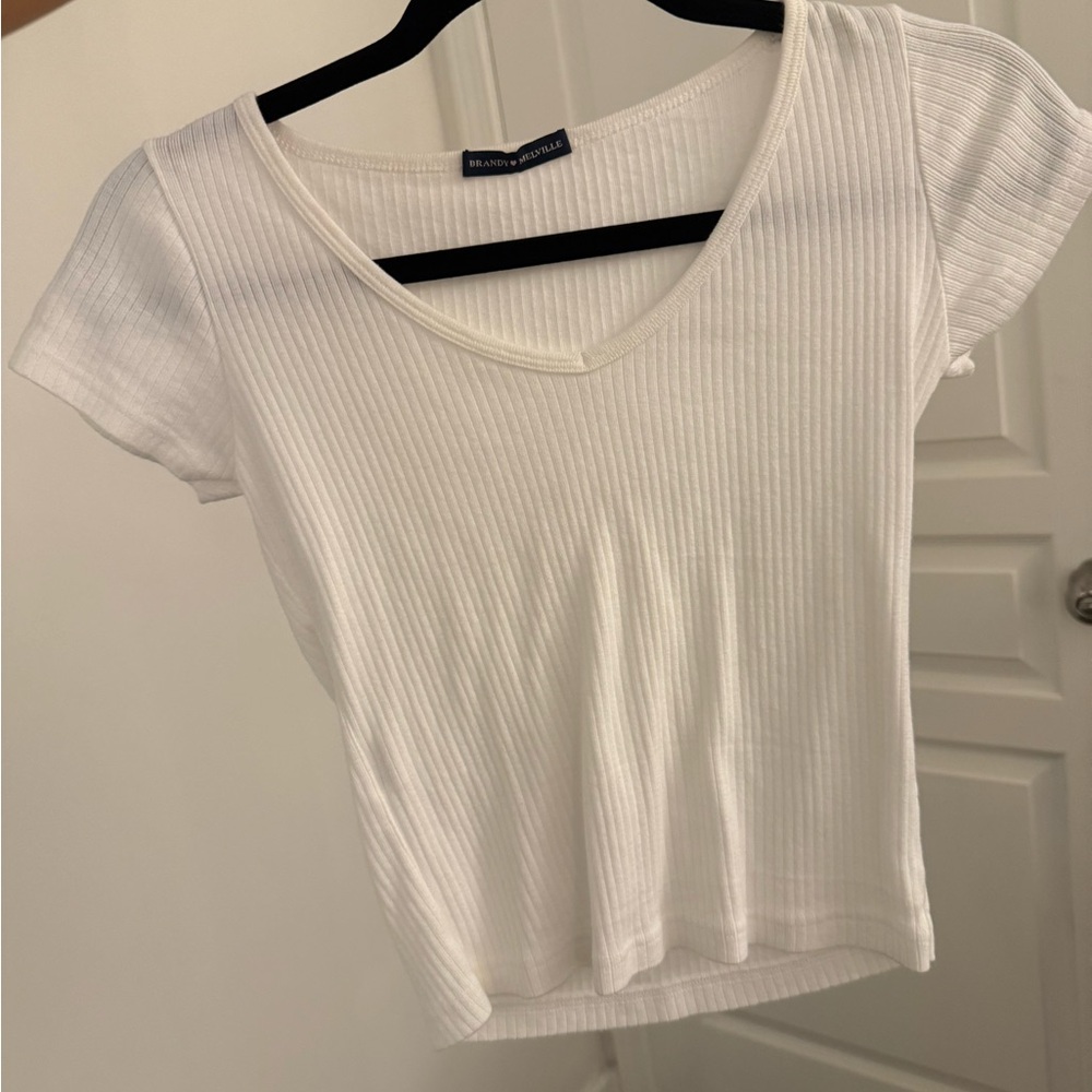 Brandy Melville White Ribbed Short Sleeve Top